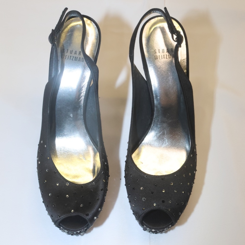 Stuart Weitzman Black Heels with Silver and Black encrusted stones